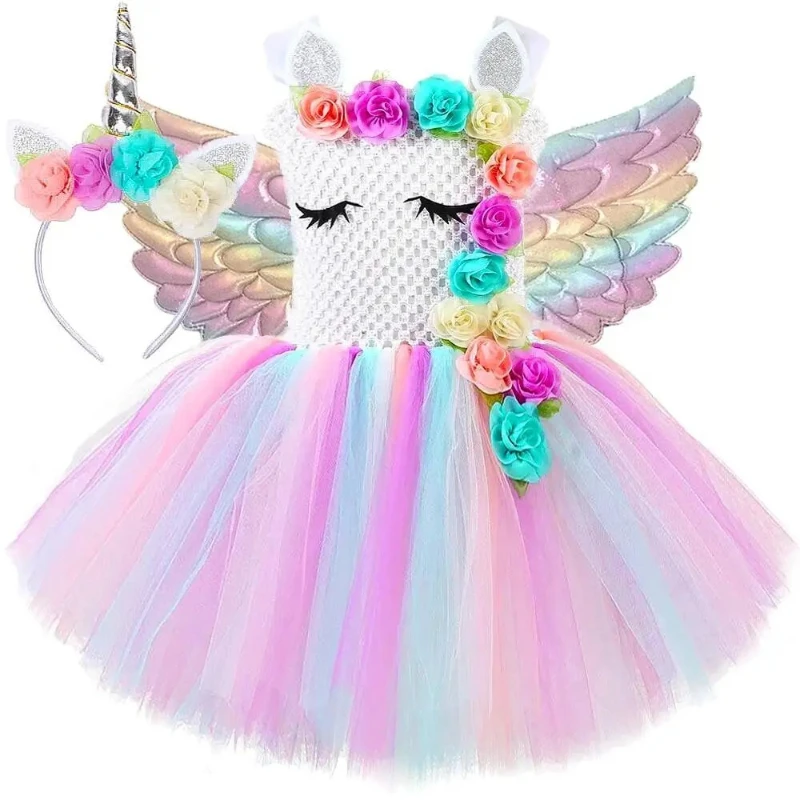 

Girls Pastel Flowers Unicorn Costumes with Wings Ballet Tutus Carnival Dresses Kids Birthday Halloween Christmas Holiday Outfit