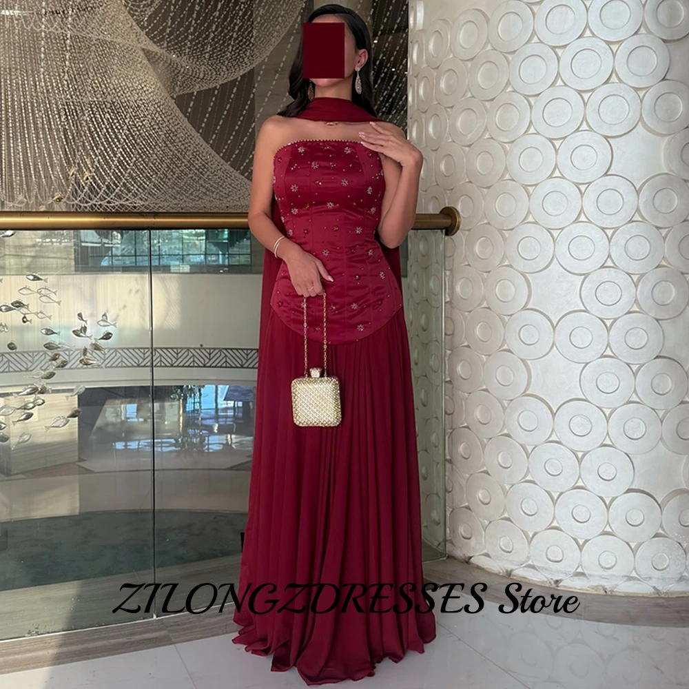 Formal borgonha cetim e chiffon vestido de noite personalizado sem alças sem mangas vestidos de baile miçangas fitas vestidos de festa