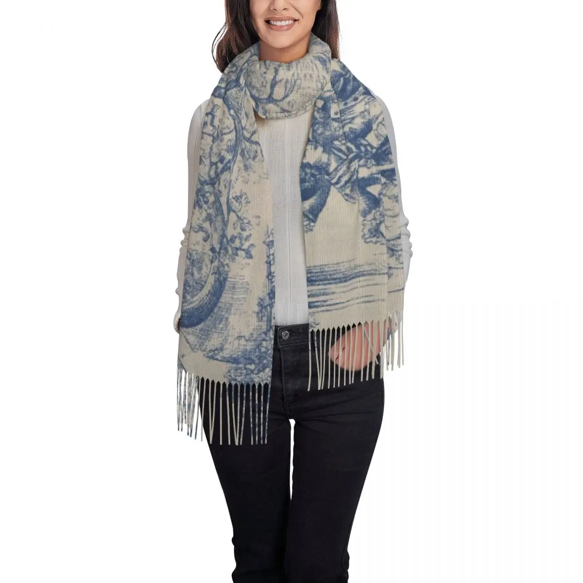 Female Long Vintage Classic French Toile De Jouy Navy Blue Motif Pattern Scarves Winter Fall Thick Warm Tassel Shawl Wrap Scarf