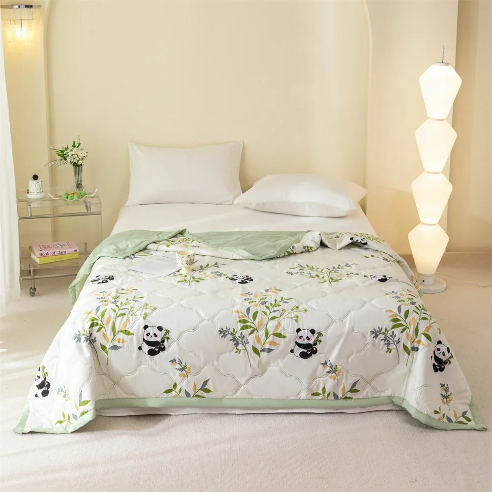1PC Cute Panda Bamboo Floral Summer Quilt Soft Lightweight Air Conditioning Quilt Washable Cool Feeling
