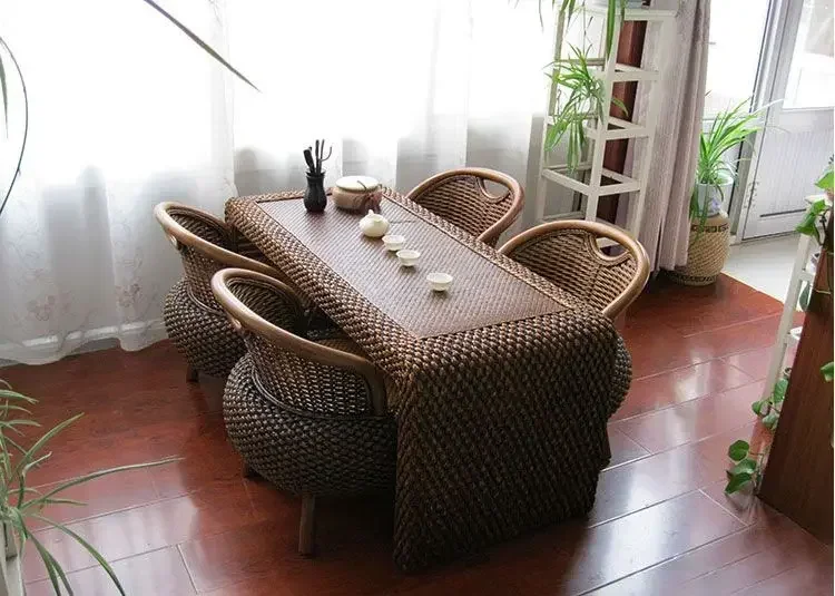 b31- simple rattan living room coffee table antique balcony tea table and chair combination straw kung fu tea table floor