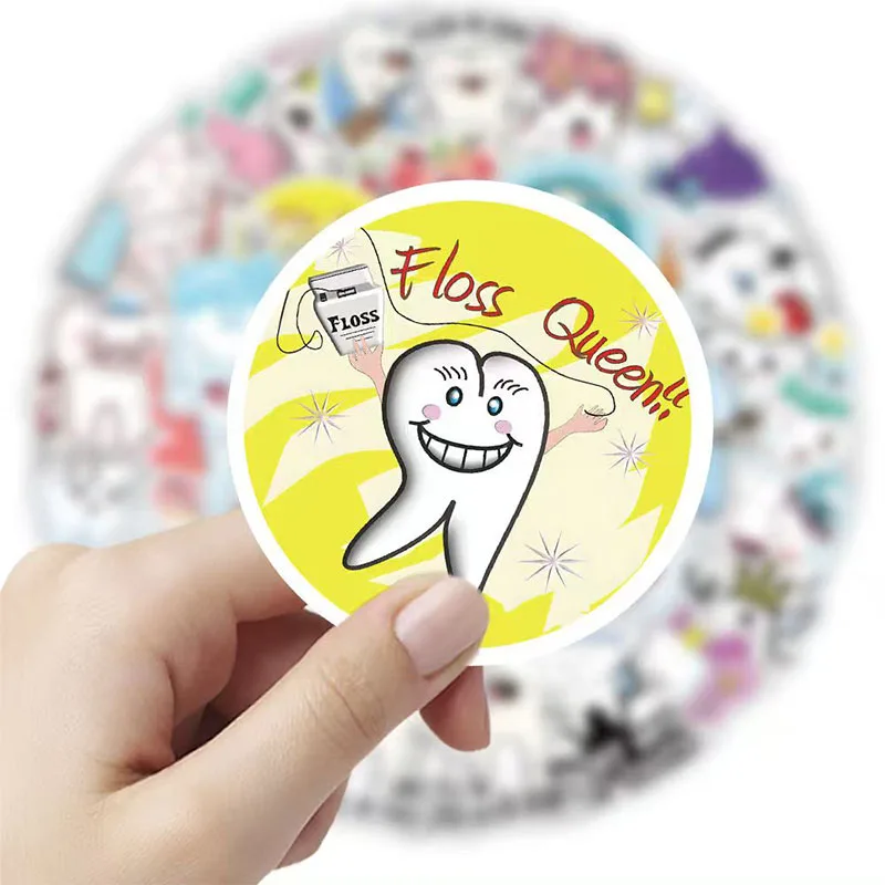 

50Pcs Cartoon Dental Tooth Shaped Stickers Waterproof Sticker Anime Toothbrush Dentist Store Wallstickers Decoration Dental Gift