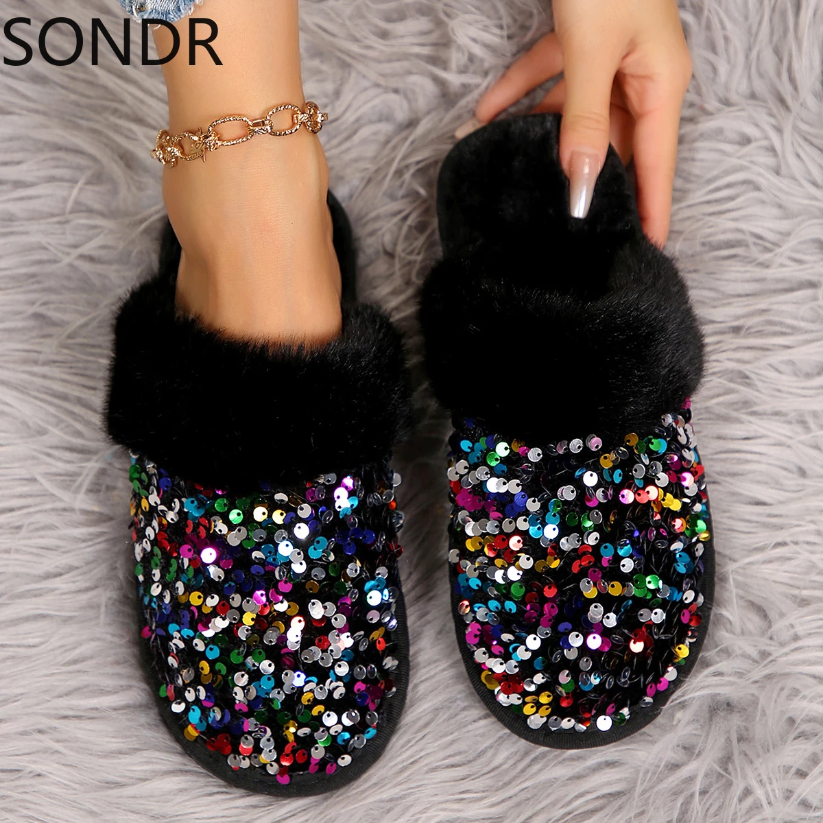 

Womens Rainbow Colors Bling Sequins Round Toe Mules Slippers Flats Warm Winter Plush Shoes New 2024