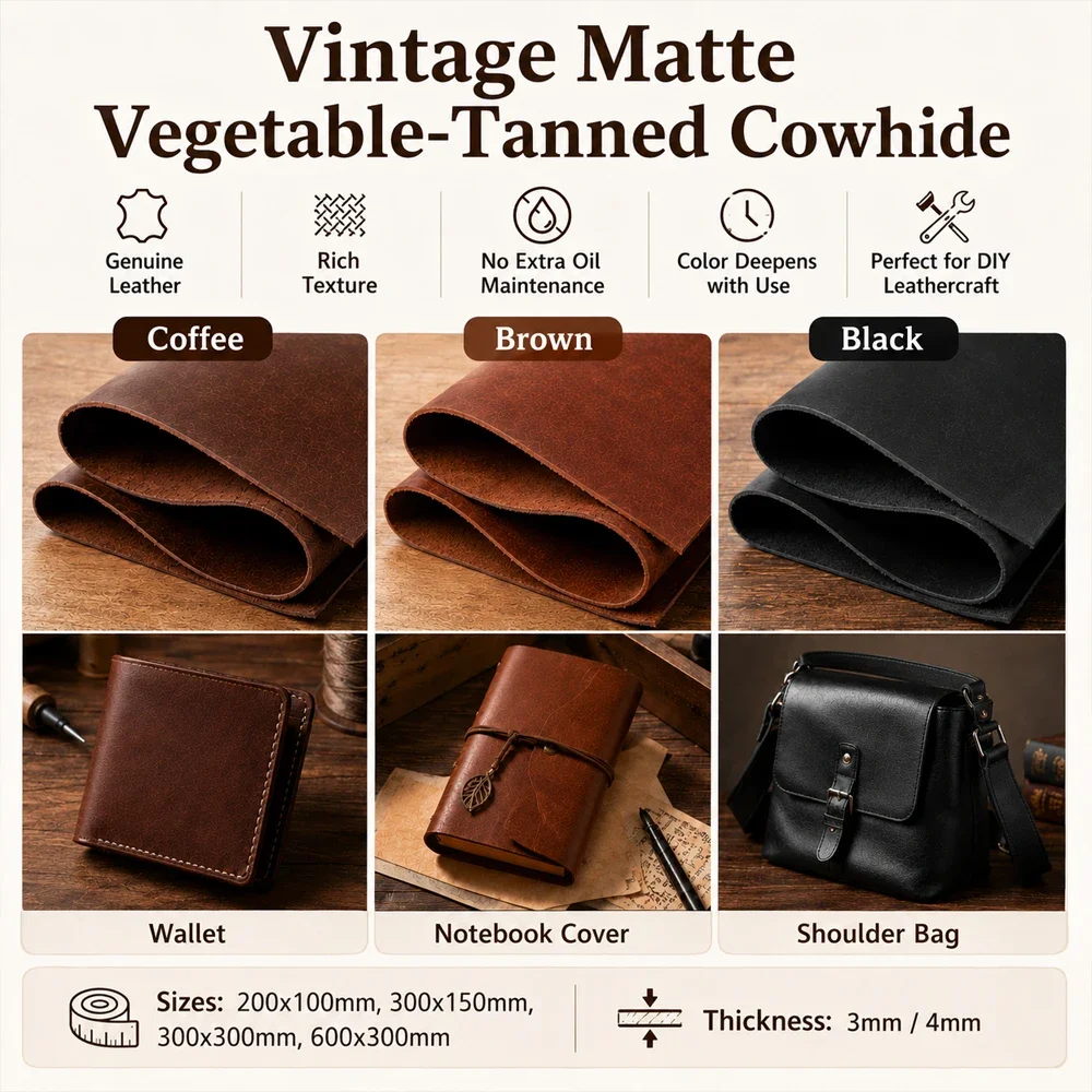 1pc Full Grain Vegetable Tanned Cowhide Leather, Natural Matt Finish Leather Hide for Handmade Leather Projects
