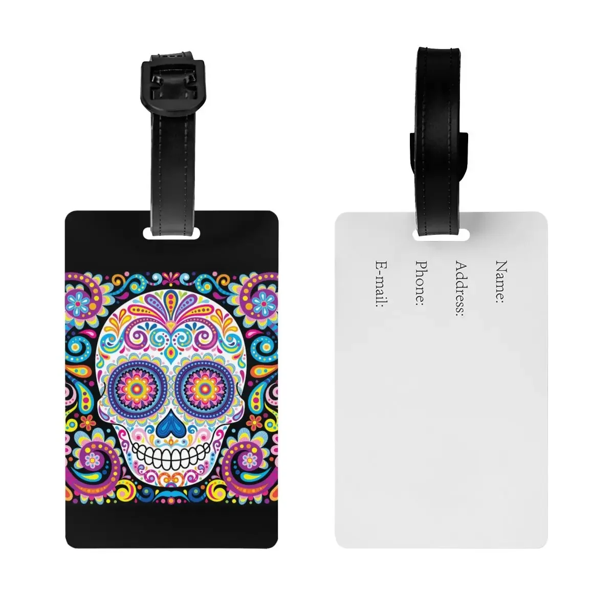 Halloween Sugar Skull Luggage Tag With Name Card Day Of The Dead Mexican Flowers Privacy Cover ID Label for Travel Bag Suitcase