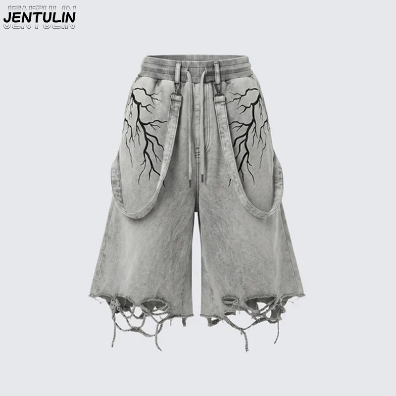 American Style Wasteland Distressed Denim Cropped Pant With Branche Lightning Print Ribbon Cut tassel Workwear Mid Pant Unisex