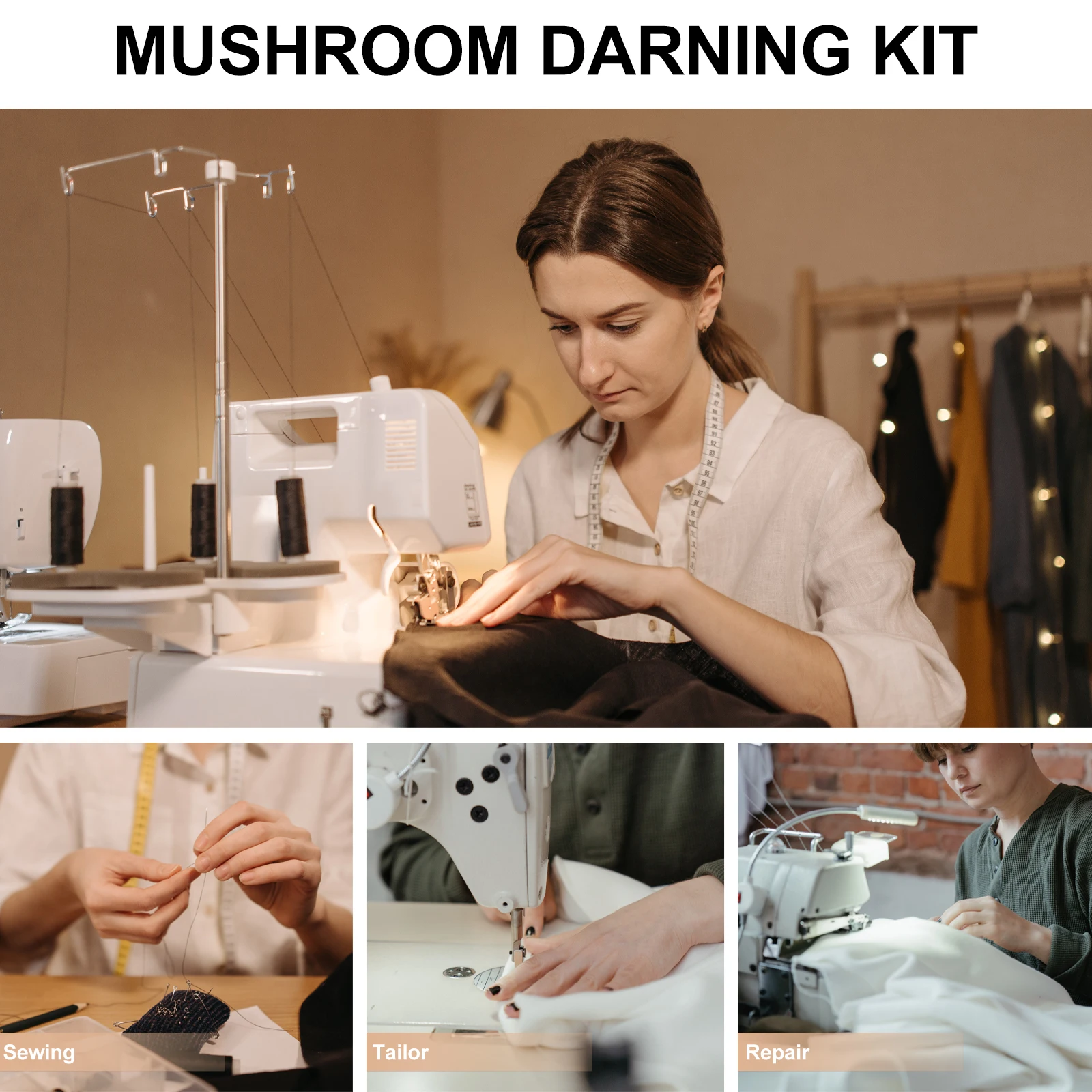

1Set Wooden Mushroom Needle Tool Small Mushroom Darning Kit Durable Sewing Thread Patching Tool for Clothes Repair