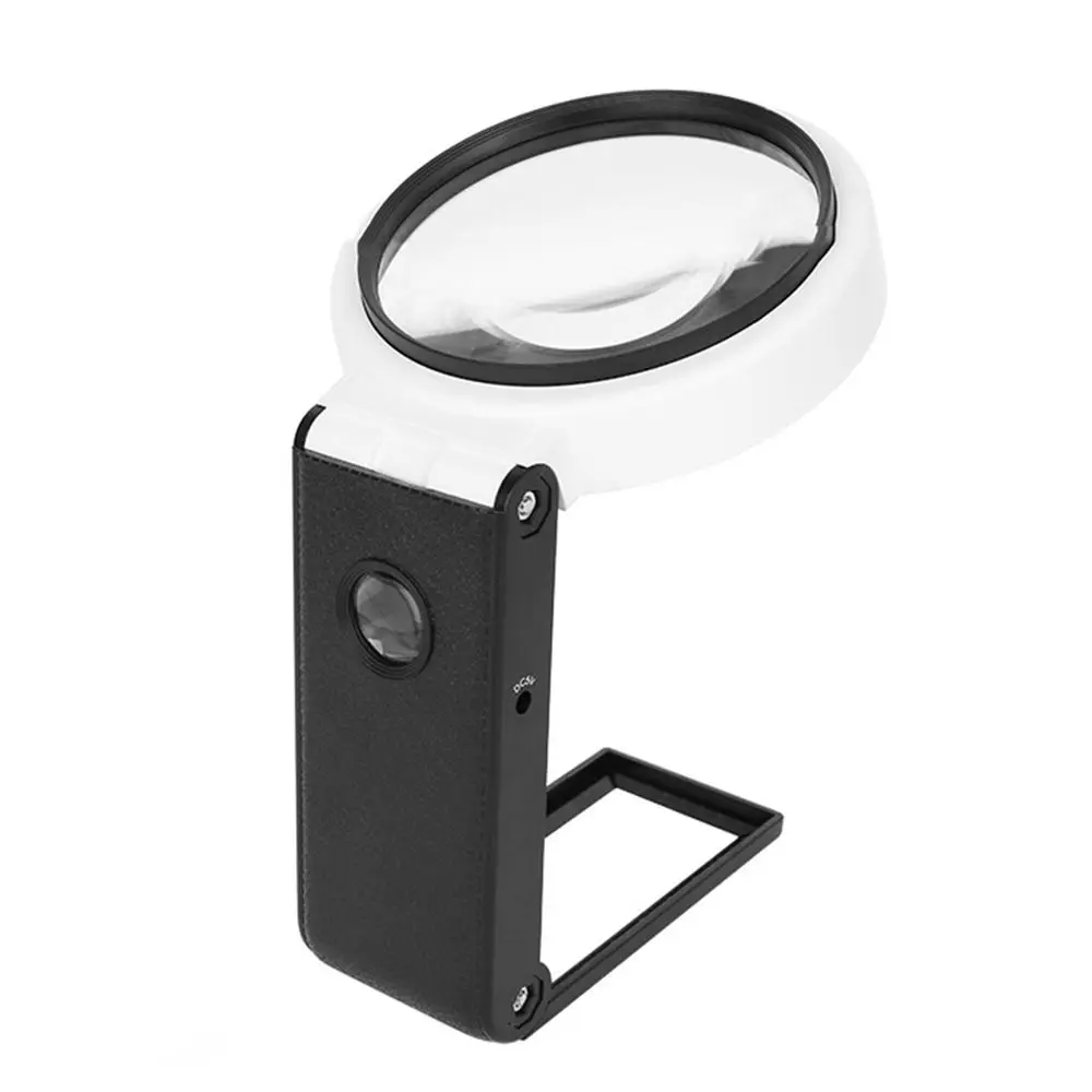 Folding Design Magnifying Glass with Light Stand Powered by Battery or USB Handheld LED Illuminated Magnifier 2UV+6LED Light