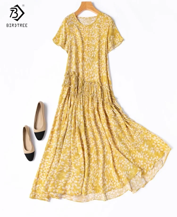

Birdtree Women's 100% Silk Dress,Double Crepe Flying Sleeve Floral Print Slanted Waistline Long Skirt,2025 New T55803JF