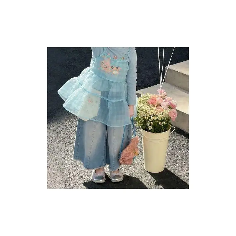 Children's Clothing New Style Three Piece Set Mesh Tank Top Denim Wide Leg Pants for Girls Toddler Spring 2026 Stylish Outfit