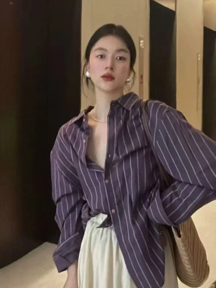 

Весенняя модная элегантная рубашка-кардиган с воротником, свободного кроя, с длинными рукавами, в полоску, в корейском стиле, женская, из комфортного дышащего материала