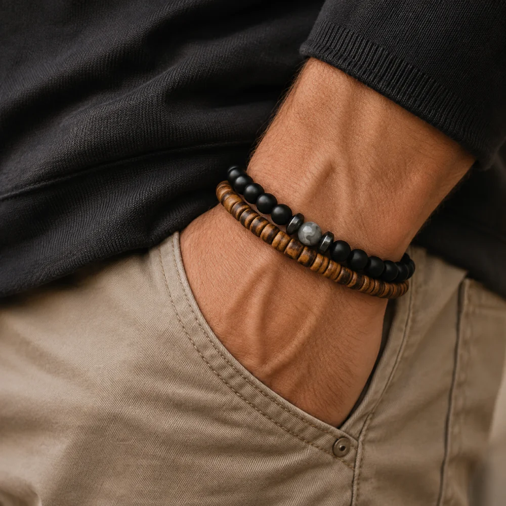 2Pcs Set Men Wood Beaded Bracelet Onyx Stone Healing Stress Relief Braclet Casual Versatile Wrist Accessory Male Jewelry Joias