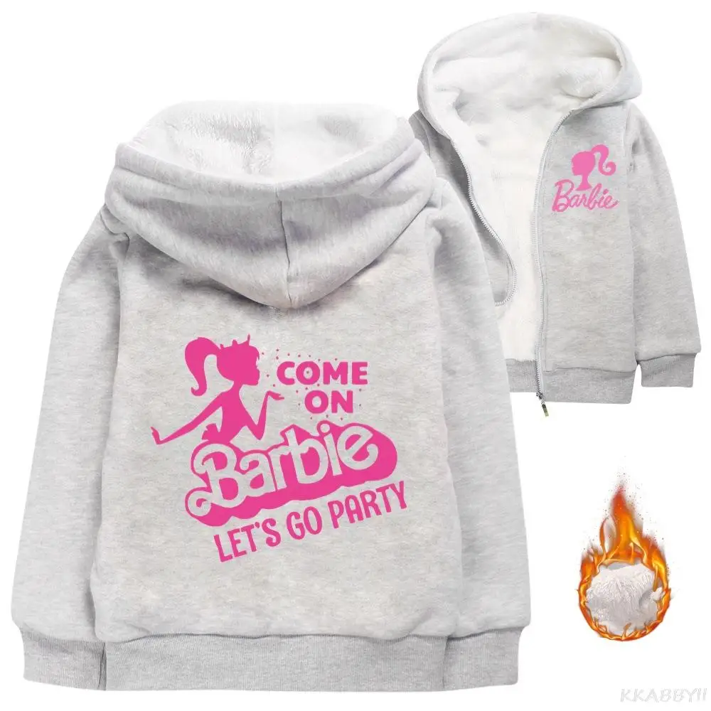 Barbie Baby Girls Cartoon Printed Children Plus Velvet Warm Boys Cotton Jacket Sweatshirt Thick Kids Clothing Jacket