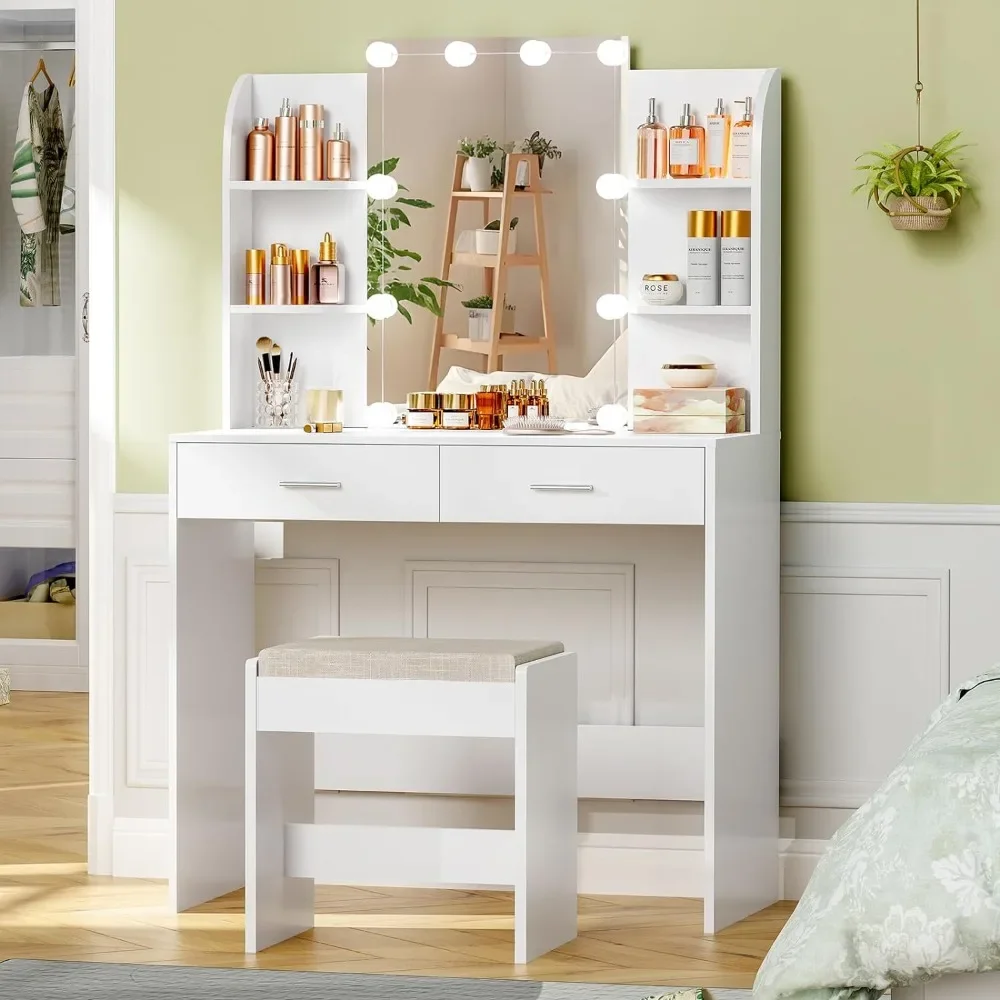 Vanity Desk with Mirror & Lights, 6 Storage Shelves & Stool, Bedroom Dressing Vanity Table with 3 Color Light Adjustable, White