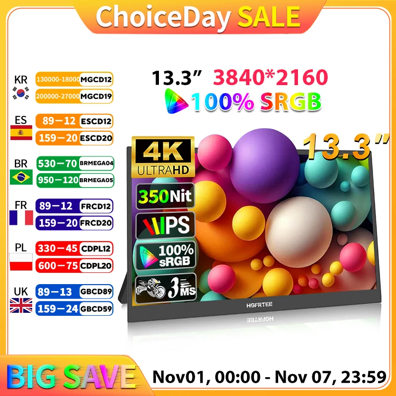 

HGFRTEE 3840*2160 13,3-дюймовый портативный монитор 4K 100% sRGB 350Cd/m2 второй экран для MAC/ноутбука/ПК/Xbox/PS5/переключателя