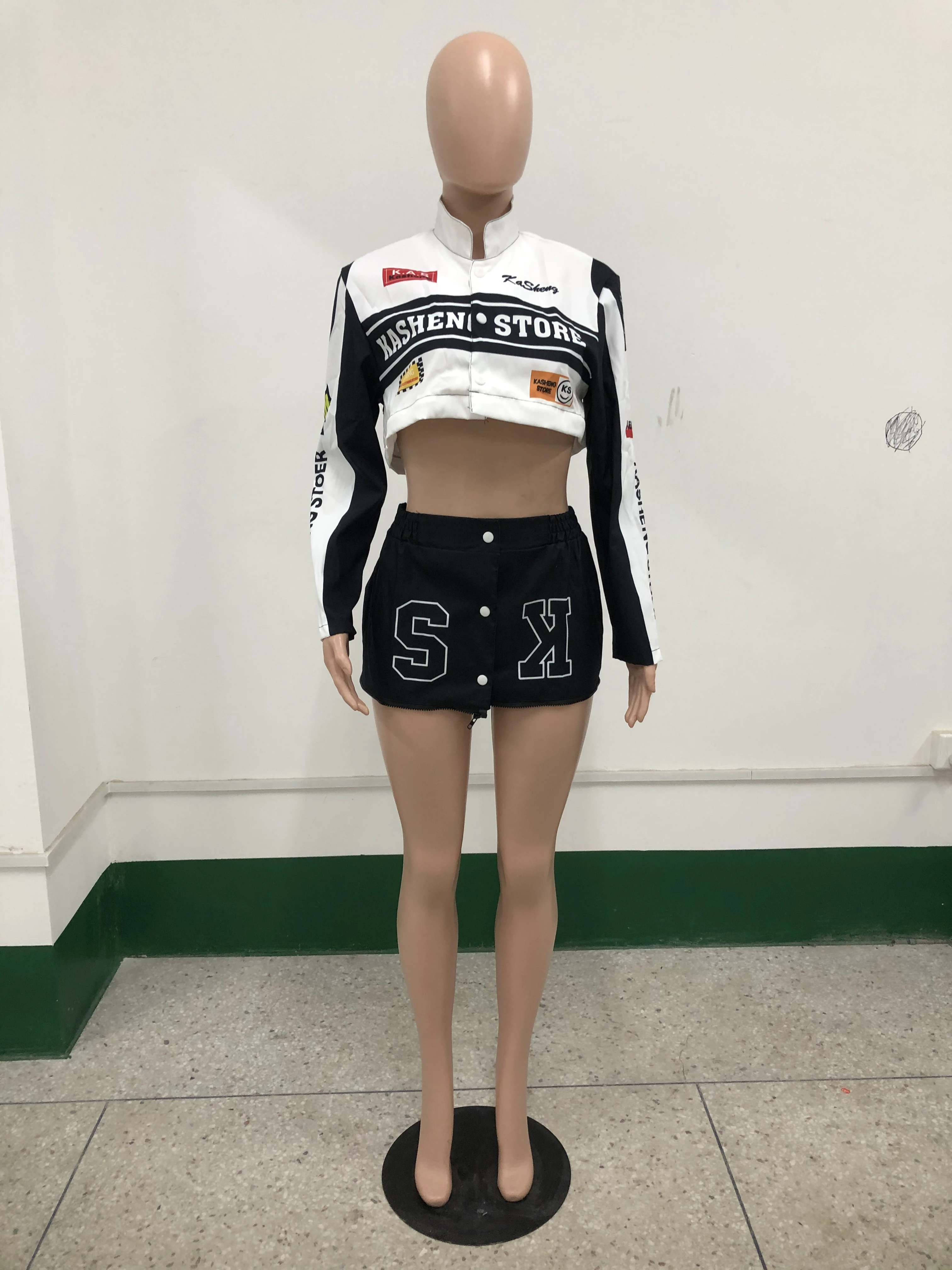 Baseball Varsity Jacket Crop Tops Two 2 Piece Skirt Sets Y2K Streetwear Winter Women Cyber Racer Cropped Jackets Trench Coats