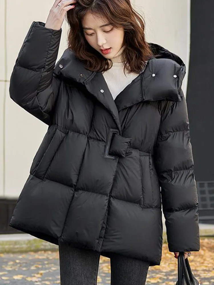 Women's Winter Coats New Fashion Collar and Hood Down Jacket 90% White Duck Down Mid-Length Thick Warm Loose Casual Puffer Coat