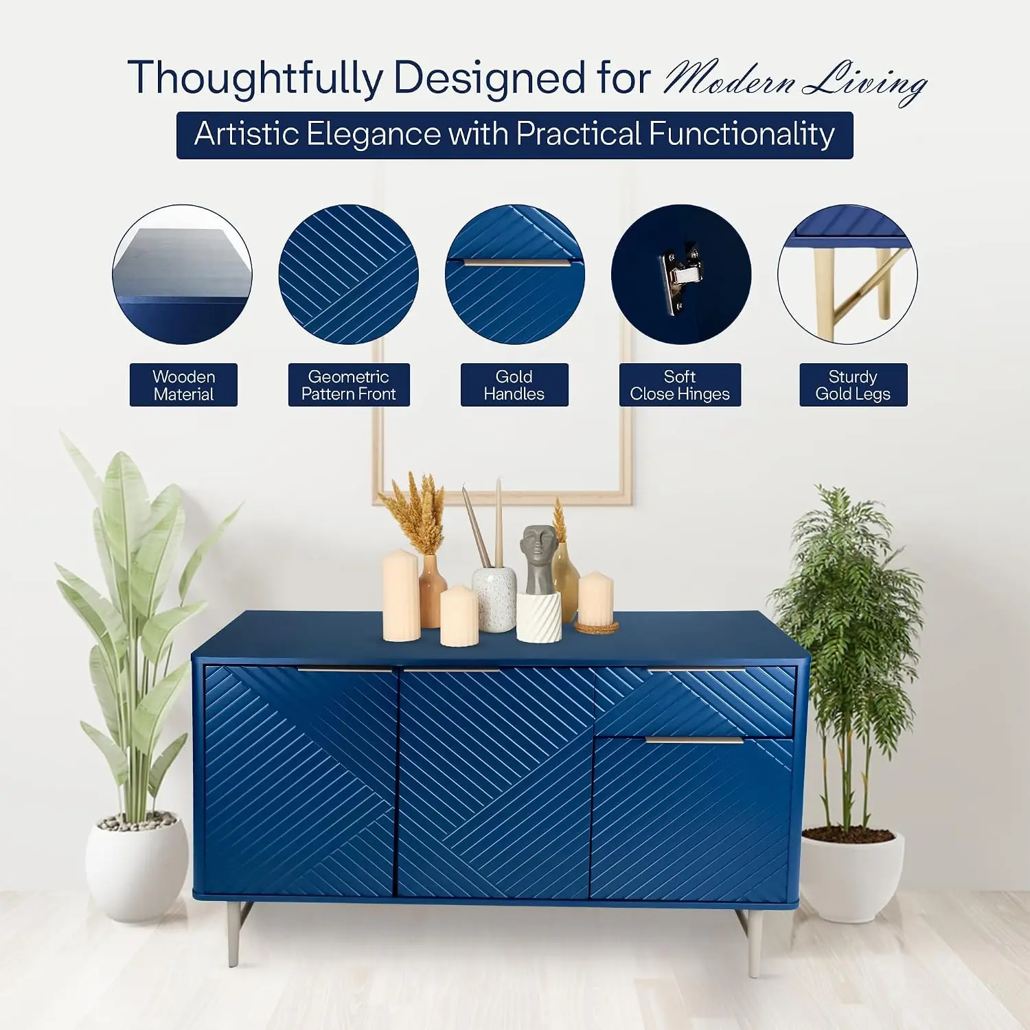 Navy Blue Sideboard Cabinet 47'' Gold Handles 3 Doors 1 Drawer Wooden Coffee Bar Living Room Farmhouse Hallway, Customized
