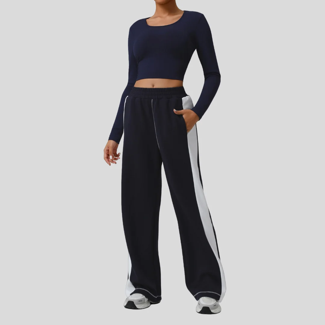 

Autumn Winter Seamless Color-Block Striped Sportswear 2pc Set Fitness Versatile Casual Running Long-Sleeve Top Pants Sports Suit