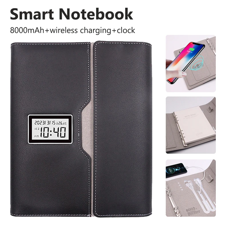 A5 Smart Notebook Draagbare draadloze oplader 8000mAh batterij Multifunctionele notebook Draad Oplaadtijdweergave Zakelijk notitieblok