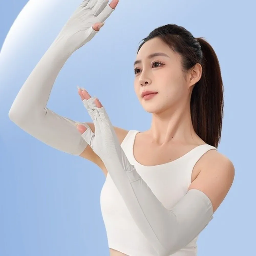 

Breathable Solid Color Long Sleeve Non-slip Flip Ice Silk Arm Sleeve Sun Protection Cooling Sunscreen Sleeve Gloves Cycling