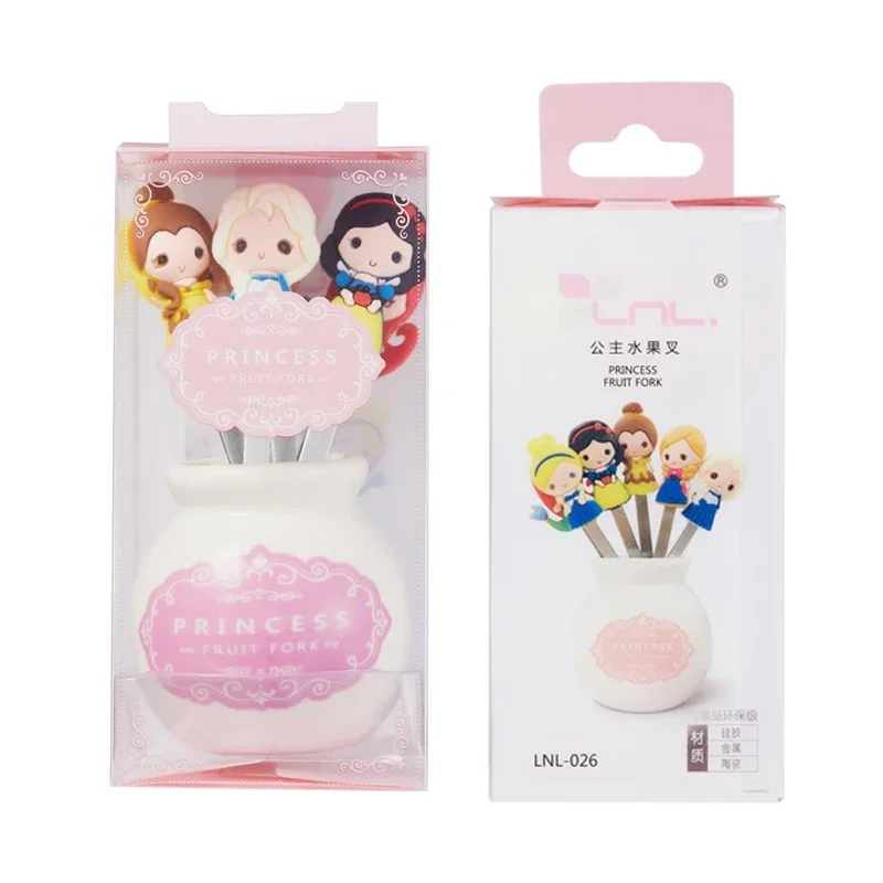 6pcs Disney Snow White Fruit Fork Cartoon Anime Dessert Cake Fork Stainless Steel Silicone Creative Cute Princess Ornament Gift