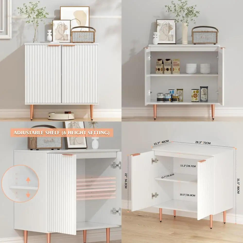 

White Fluted Buffet Cabinet with Adjustable Shelves and Rose Gold Metal Legs