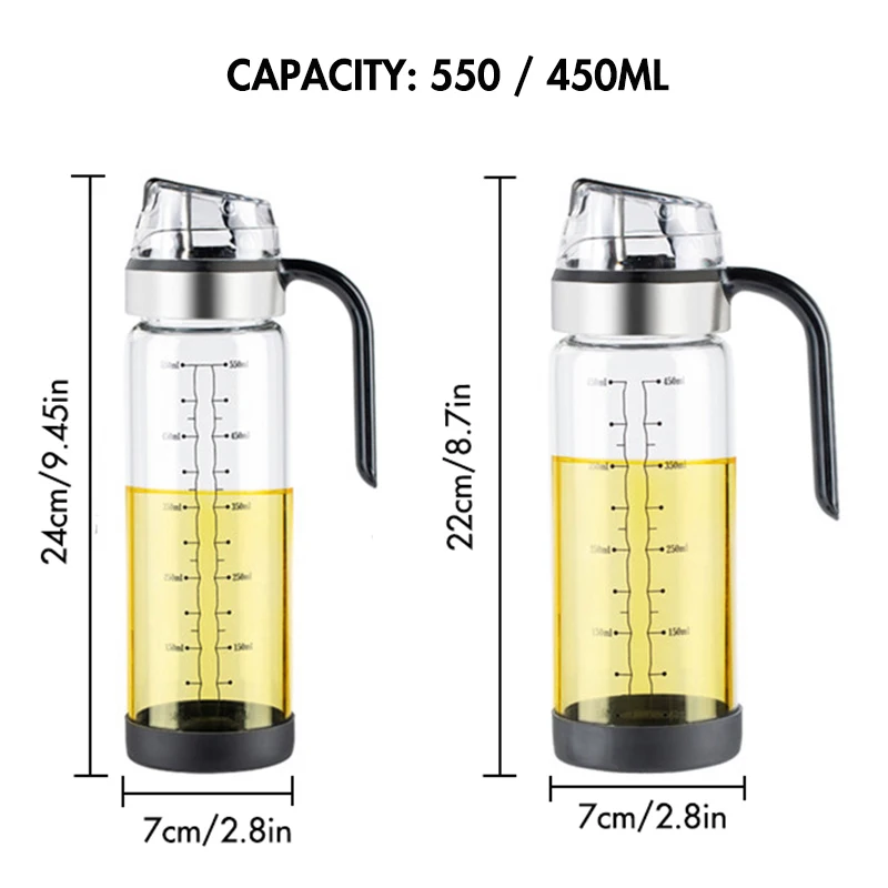 450/550ML Olive Oil Dispenser Bottle with Rubber Base - Glass Oil & Vinegar Cruet with No-drip Pourers, Easy Refill and Cleaning