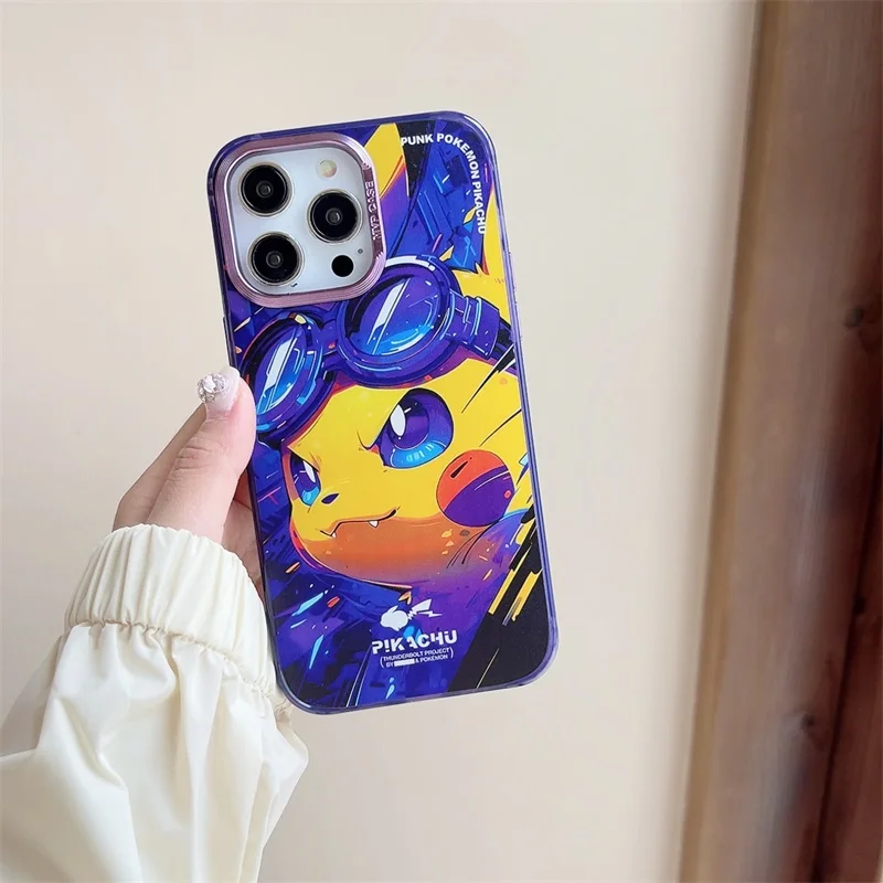 Cute Anime Pokemon Pikachu Family Phone Case For iPhone 14 13 12 11 Pro Max Plating Lens Shockproof Protective Capa Back Cover