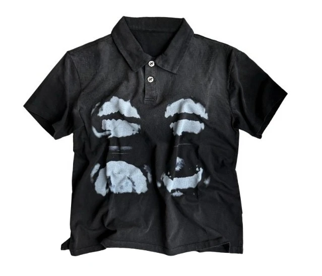 X-ray image teeth print, pure cotton polo shirt, distressed short sleeves American Minimalist and Fashionable Hip Hop Y2K Polo