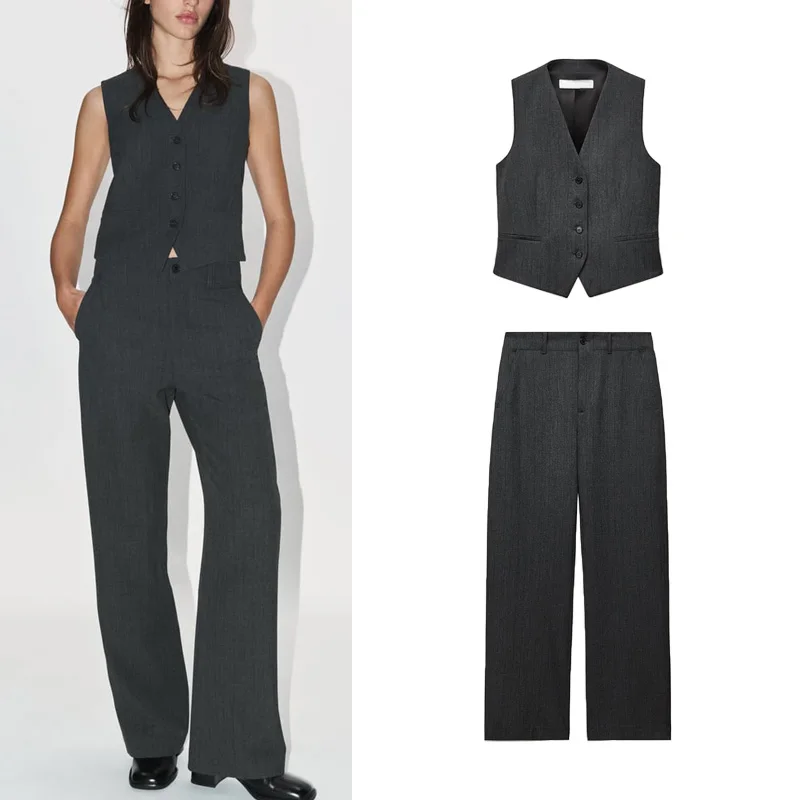 

Spring New Style Short Sleeveless Vest High Waist Straight Leg Pants Fashion Set V Neck Women's Casual Wear 2025