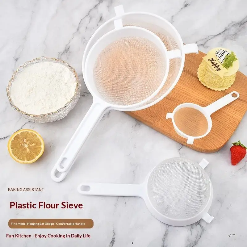 【B】1Pcs Plastic Fine Mesh Spoon Strainer Kitchen Nut Milk Filter Flour Sieve With Handle Soy Milk Coffee Filter Colanders Tools