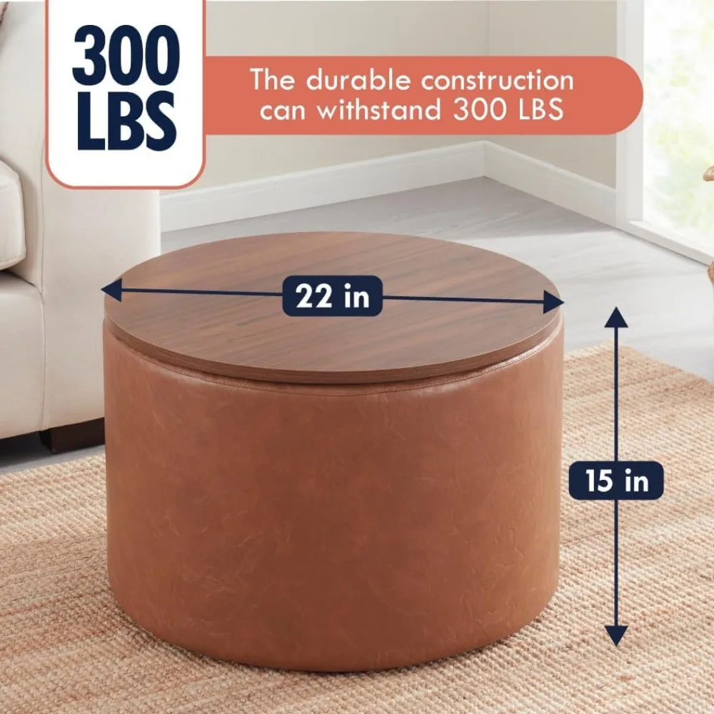 22 Inch Large Round Storage Ottoman with Wooden Lift-Off Lid for Living Room