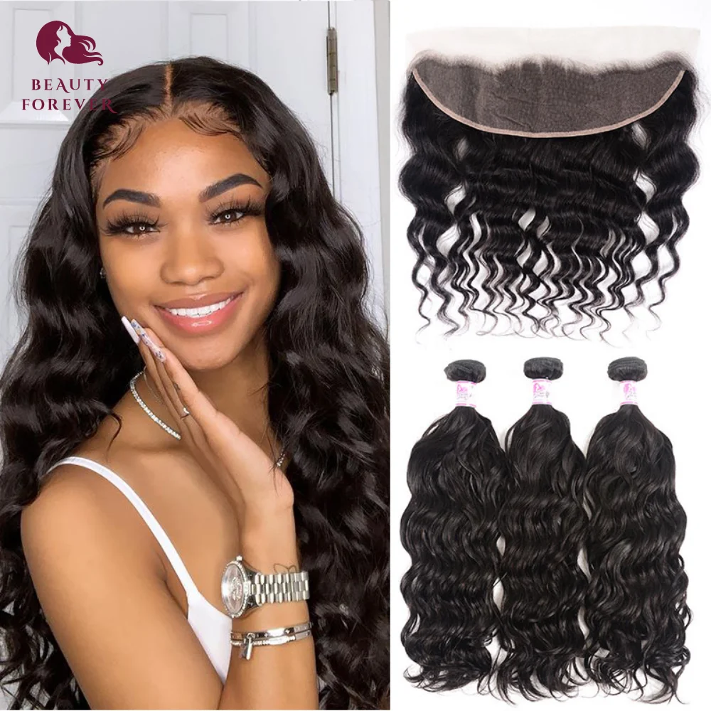 Beauty Forever Malaysian Human Hair Natural Wave 3 Bundles With Frontal Closure 13*4 Free Part 100% Virgin Hair Weaves Free Ship