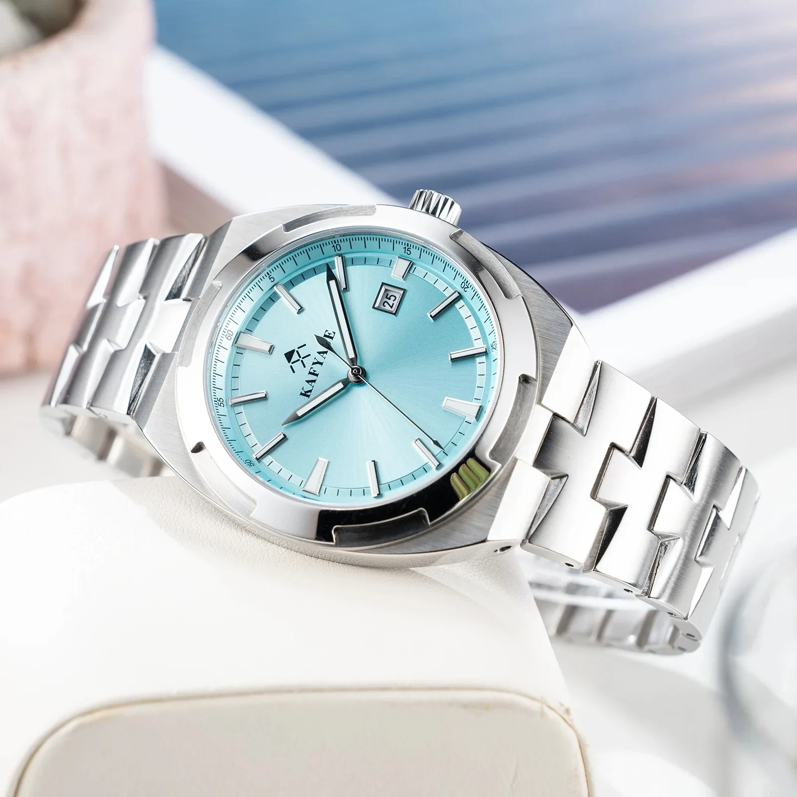 KAFYASE Men Automatic Watch 42mm Mechanical Wristwatch Luminous Sapphire 5ATM Waterproof Steel Strap Miyota8215