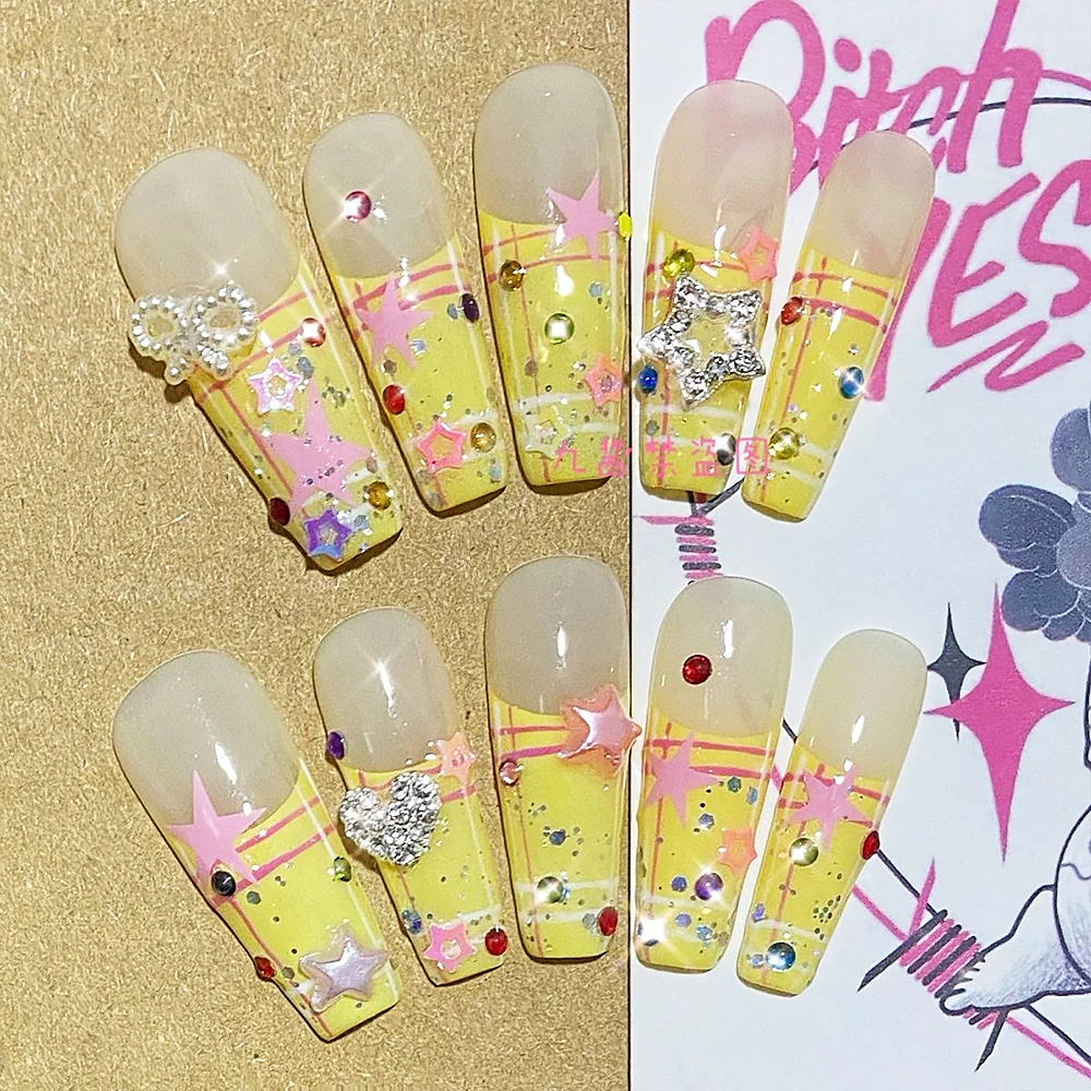 Y2K Summer Cool Hand-Painted Milky Yellow Striped French Stars Press On Nails Handmade Custom Nail Art Tools Press On Nails