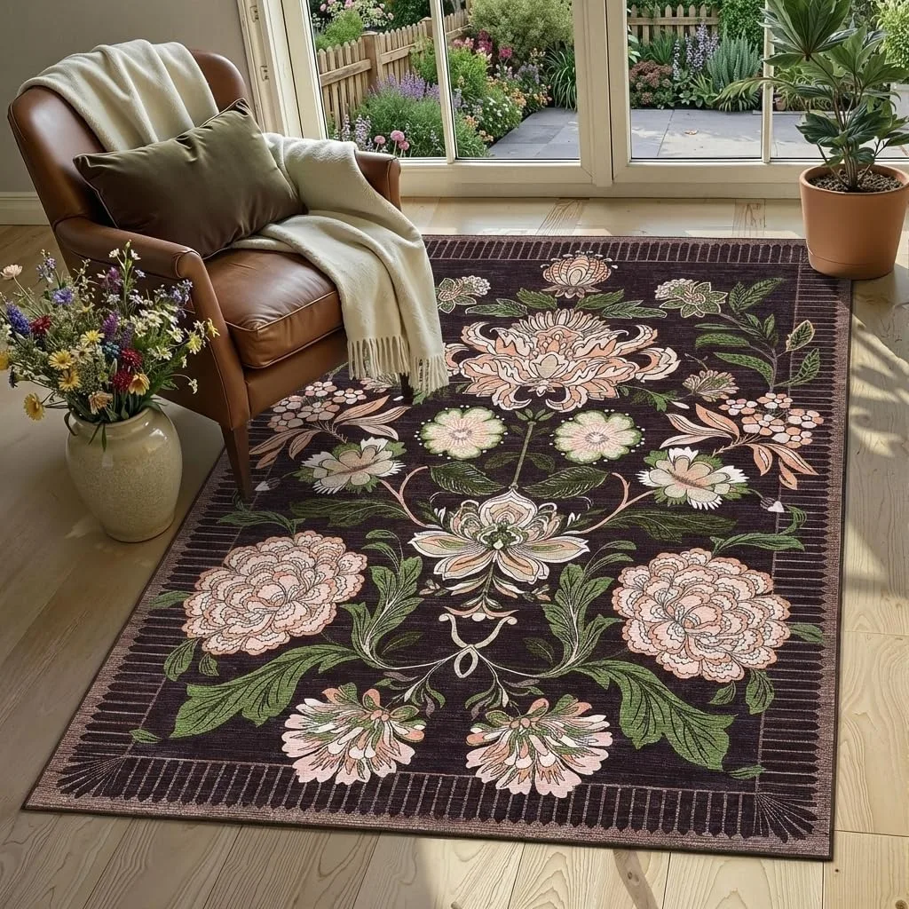 Vintage Persian Bohemian Flower Rug, Ombre Blossom Carpet with Striped Borders Traditional Floor Mat for Classic Interior Design