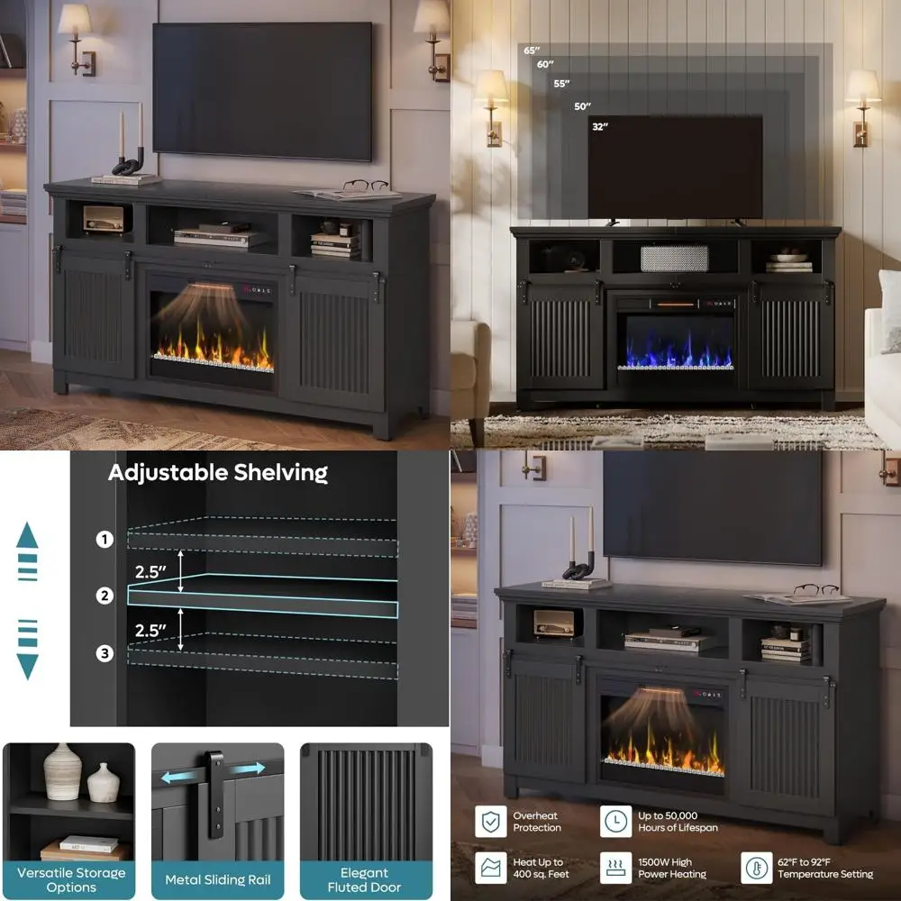 Suporte de TV com lareira elétrica estilo fazenda para TVs de 65 polegadas, centro de entretenimento com design de porta deslizante de celeiro