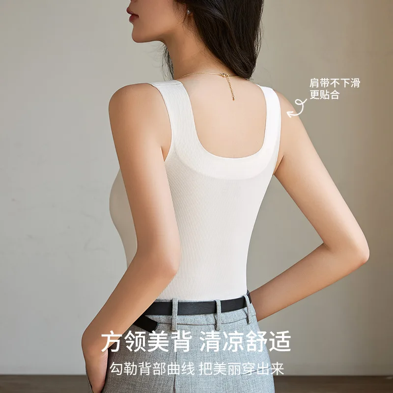 Ice Silk Threaded Square Neck Sling Vest Women's Inner One-piece Beauty Back Top Large Size Bottom Sleeveless Sleepwear Pajamas