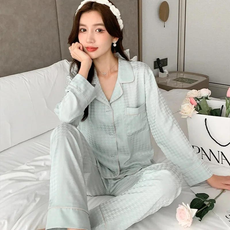 Women\'s Pajama Set Spring Autumn 2 Piece Plaid Print Pyjama Faux Silk Satin Sleepwear Long Sleeve Pijama Mujer Pjs Homewear