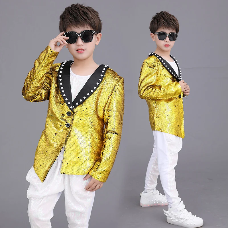 

Stage show model, piano host, concert dress, fashion boy, yellow sequin suit, children's drum performance, leisure pioneer