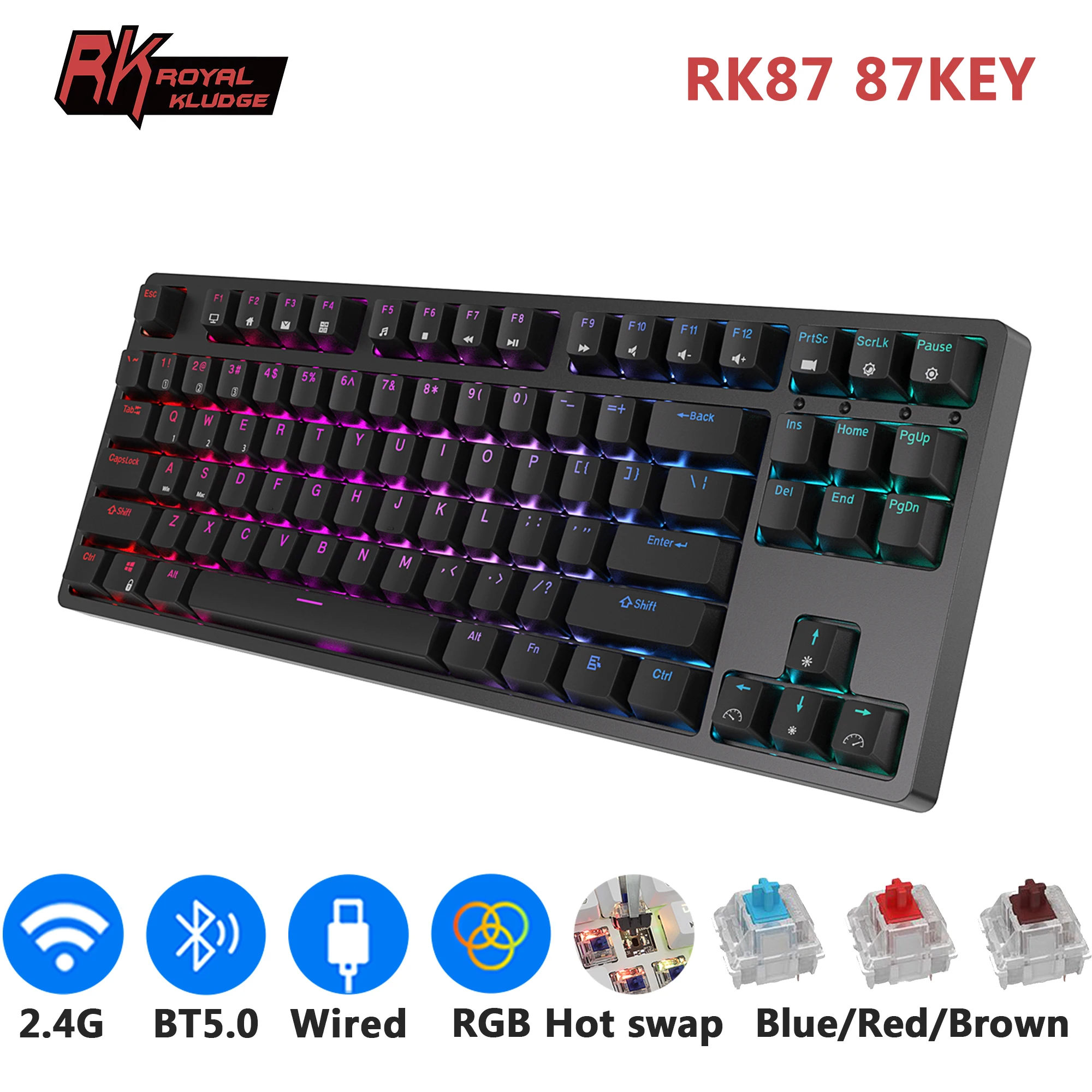 RK Royal Kludge RK87 español 2,4G teclado mecánico inalámbrico Bluetooth 87 teclas retroiluminación RGB teclado para juegos intercambiable en