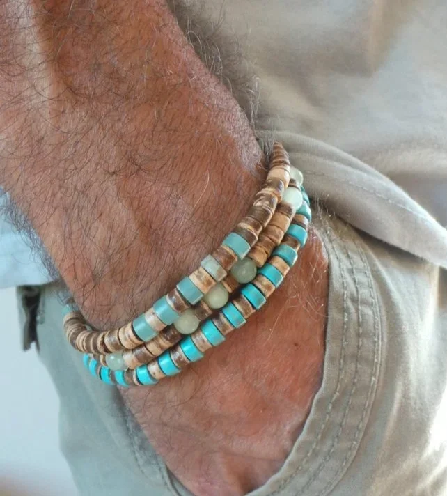 Pulsera de cuentas de madera de coco, pulseras de cuentas de piedra turquesa elástica para hombres y mujeres, pulseras elásticas de madera apilables hechas a mano