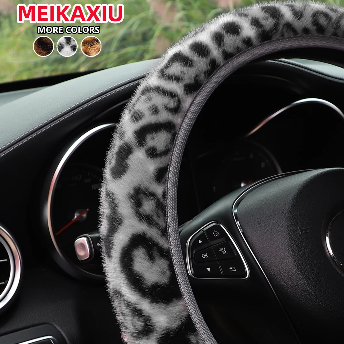 Leopardenmuster Kunstnerzfell Lenkradbezug Winter Warm Wrap Kunstleder 14,5-15 Zoll Auto Randlos – Detail 6