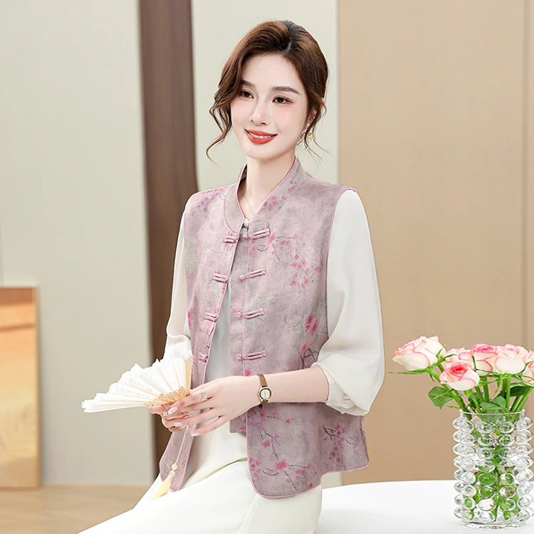 

Новая китайская атласная жилетка-пальто для женщин среднего и старшего возраста, весенне-осенний национальный костюм в стиле Тан, топ с воротником-стойкой