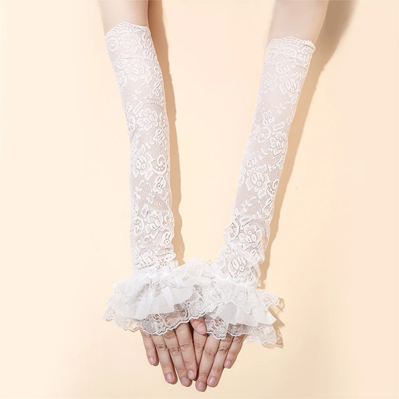 Guantes de encaje con hermosas flores para niña, protección solar de verano a la moda, mangas largas ahuecadas, guantes de boda sin dedos