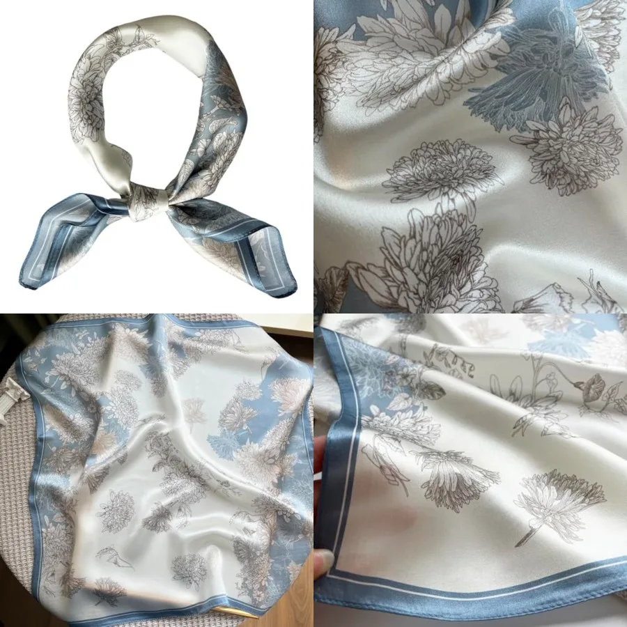 

100% Mulberry Silk Scarfs for Women-Lightweight Square Satin Head Scarf-Small Silk Hair Scarf for Sleeping 21"x21", 12 Blue Chrysanthemum