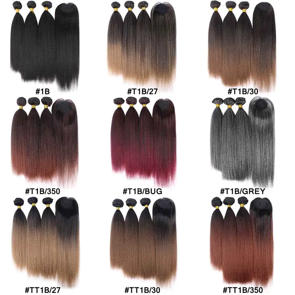 Extensiones de pelo ondulado Yaki baratas con cierre, fibra resistente al calor, extensiones de cabello sintético negro degradado y marrón para mujer