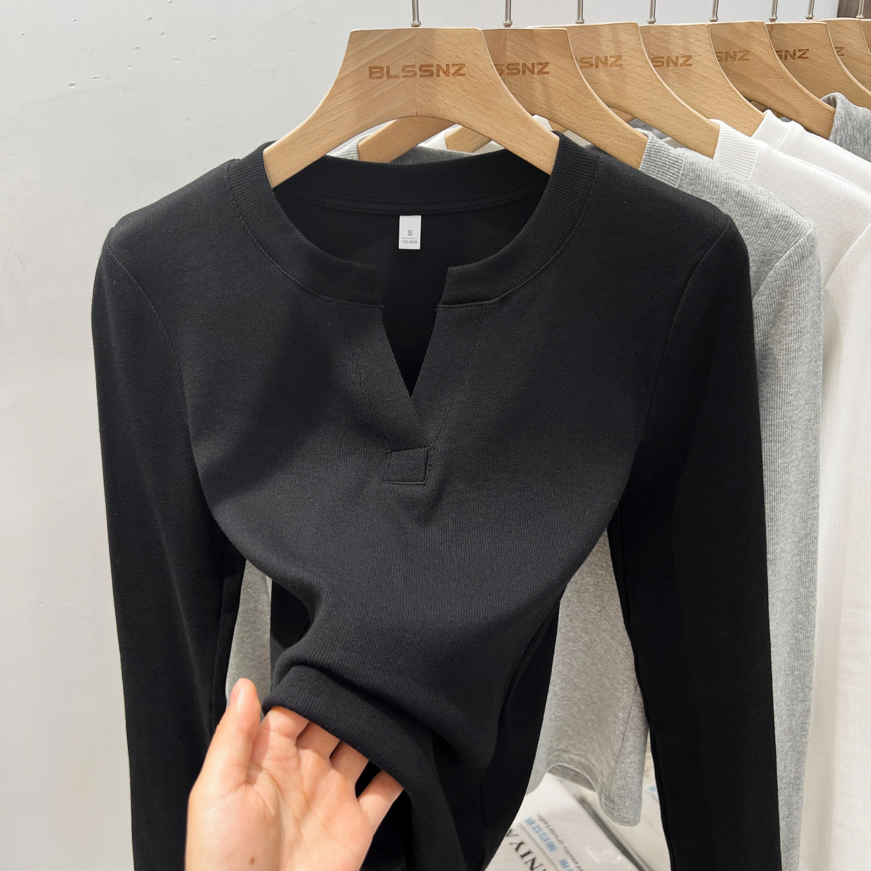 

2025 Casual Half Open Collar Tops Women's Basic Style V-Neck Long Sleeve T-Shirt Korean Slim Versatile Simple Base Layer Top