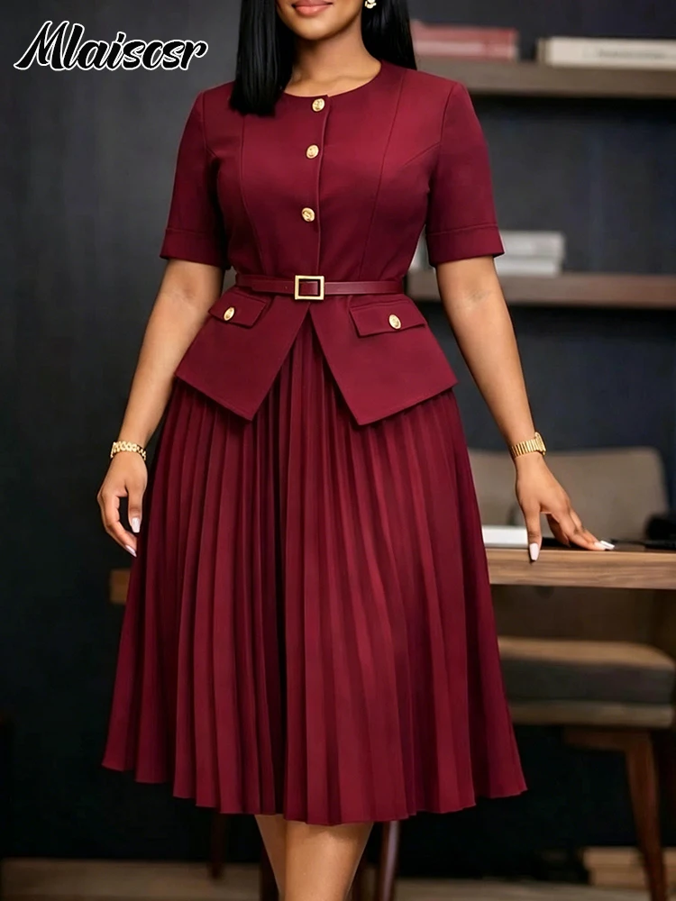 Mlaiscsr Summer Fall Women Burgundy Pleated Midi Dress Blazer Style Short Sleeve Buttons Side Pocket Details Belt Formal Modest